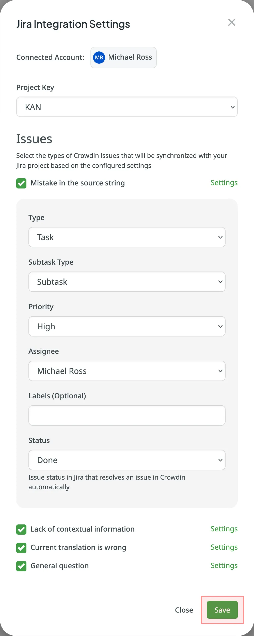 Jira 集成设置对话框