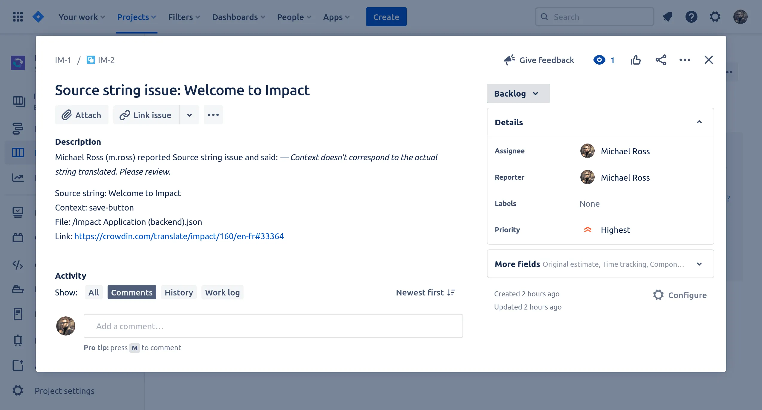 在 Jira 中显示的 Crowdin 问题