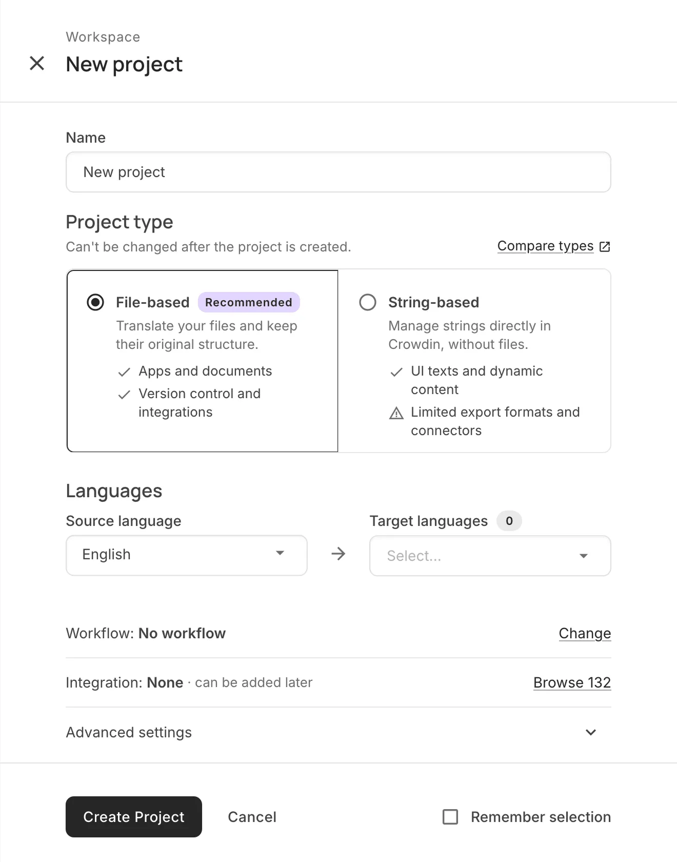 New project dialog